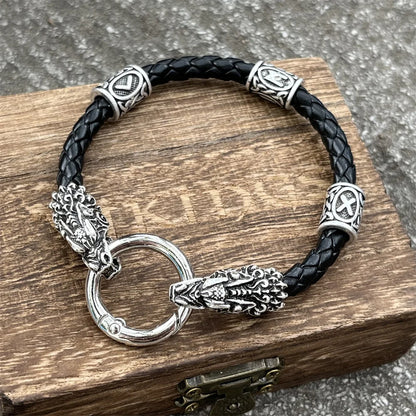 Viking Dragon Heads Nordic Runes Beads Leather Bracelet