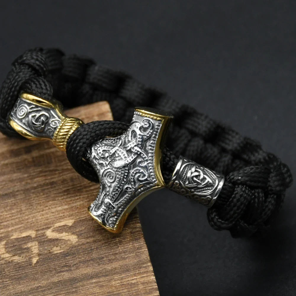 Stainless Steel Viking Thors Hammer Bracelets Paracord Nordic Mjolnir