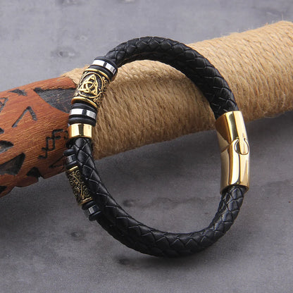 Punk Genuine Leather Braided Multilayer Stainless Steel Norse Runes Bead Viking Bangle