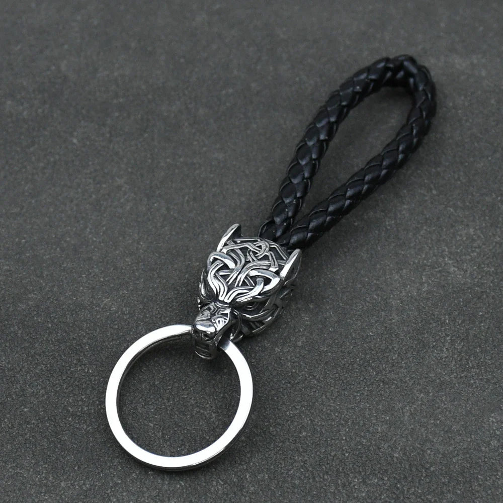 Stainless Steel Wolf Amulet Braided Leather Keychain Viking