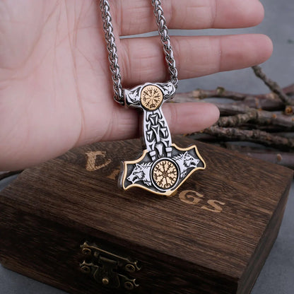 Stainless Steel Viking Thor's Hammer Mjolnir Wolf Head and Norse Rune Necklace