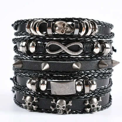 Viking Bracelet Woven Skull Jewelry Adjustable Leather