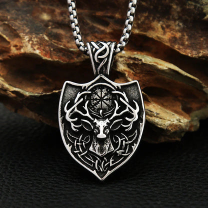 Nordic Deer Head Stainless Steel Viking Compass Necklace