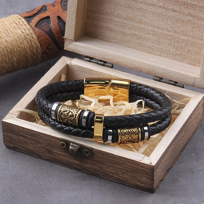 Punk Genuine Leather Braided Multilayer Stainless Steel Norse Runes Bead Viking Bangle