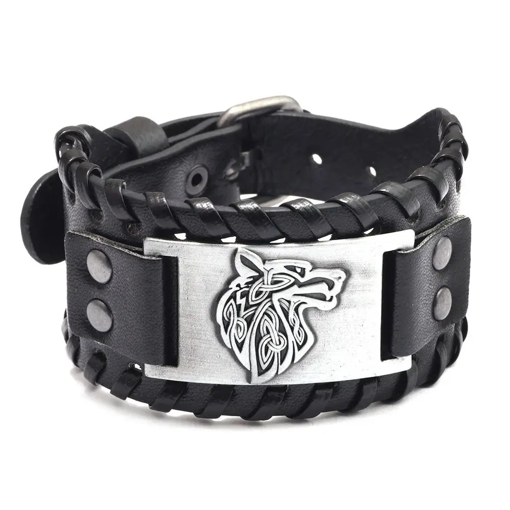 Viking Leather Braided Bracelet Celtic Wolf Head