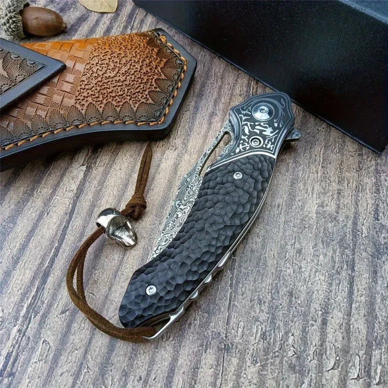 Folding Knife Damascus Steel Blade Ebony Handle