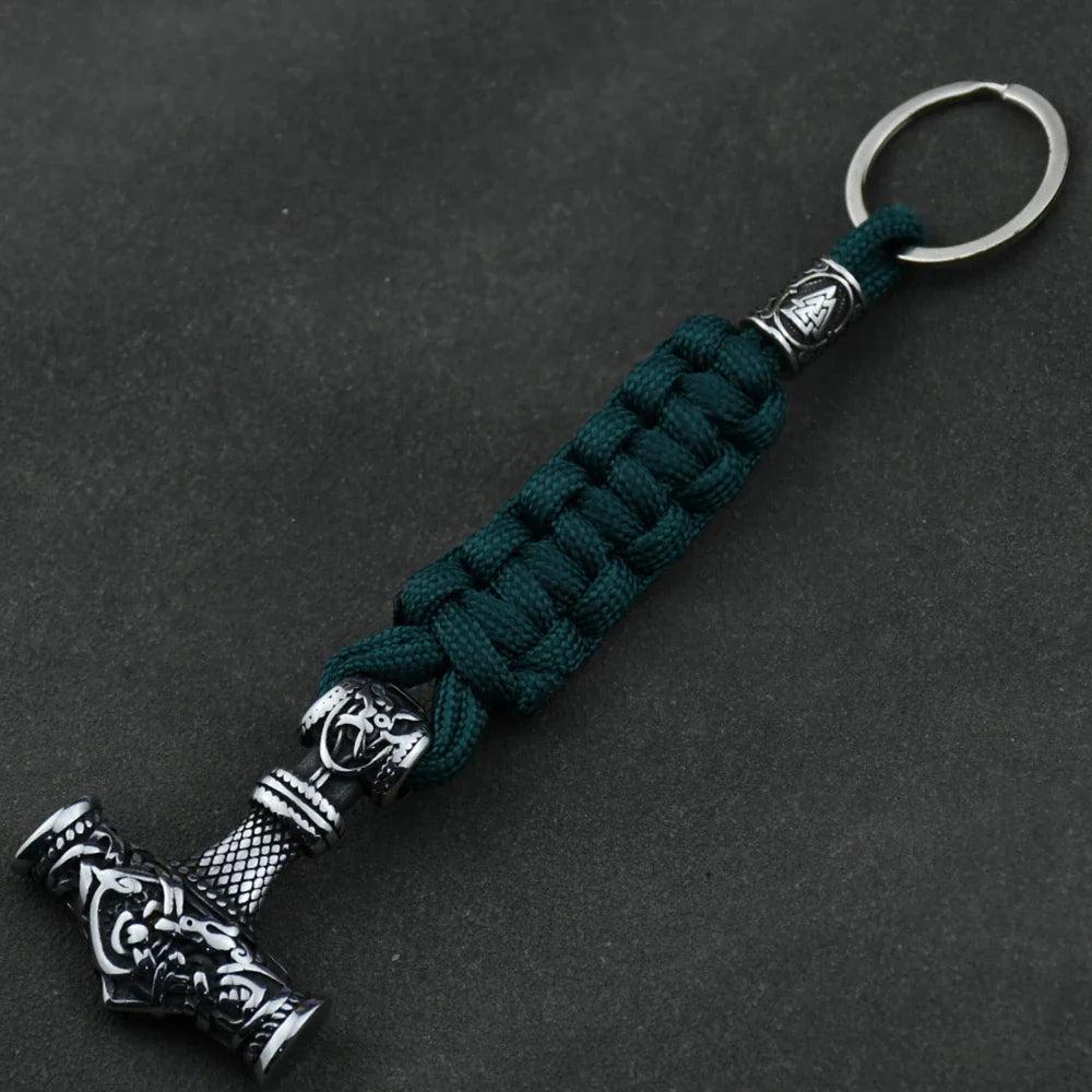 Thor's Hammer Vikings Keychain Rune Braided Lanyard Stainless Steel Valknut