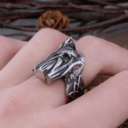 Nordic Viking Retro Odin Huginn and Munin Stainless Steel Ring