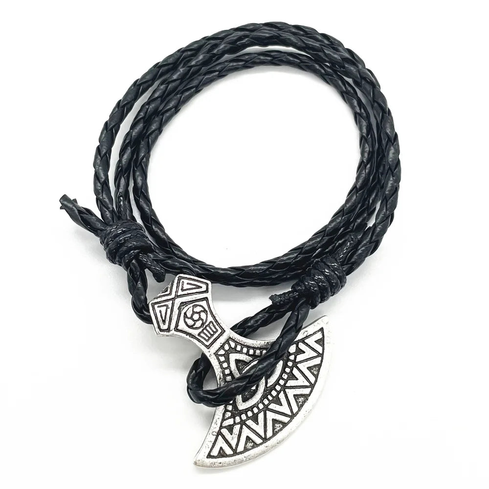 Viking Axe Charm Wolf Raven Amulet Slavic Kolovrat Norse Leather Braided Wrap Bracelet