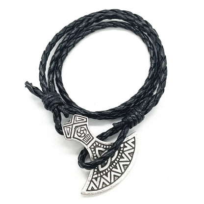 Viking Axe Charm Wolf Raven Amulet Slavic Kolovrat Norse Leather Braided Wrap Bracelet