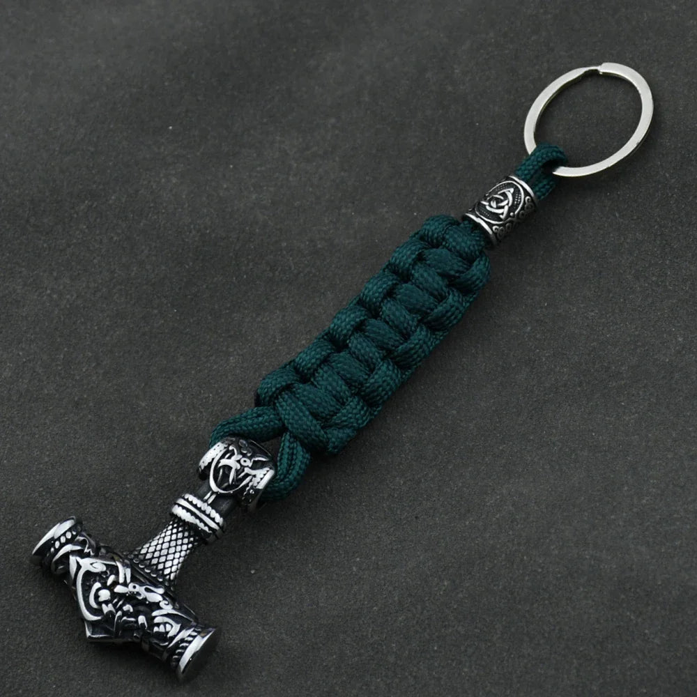 Thor's Hammer Vikings Keychain Rune Braided Lanyard Stainless Steel Valknut