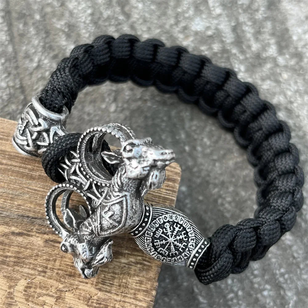 Norse Odin Goat Thor Hammer Mjolnir Runes Beads Paracord Viking Bracelet