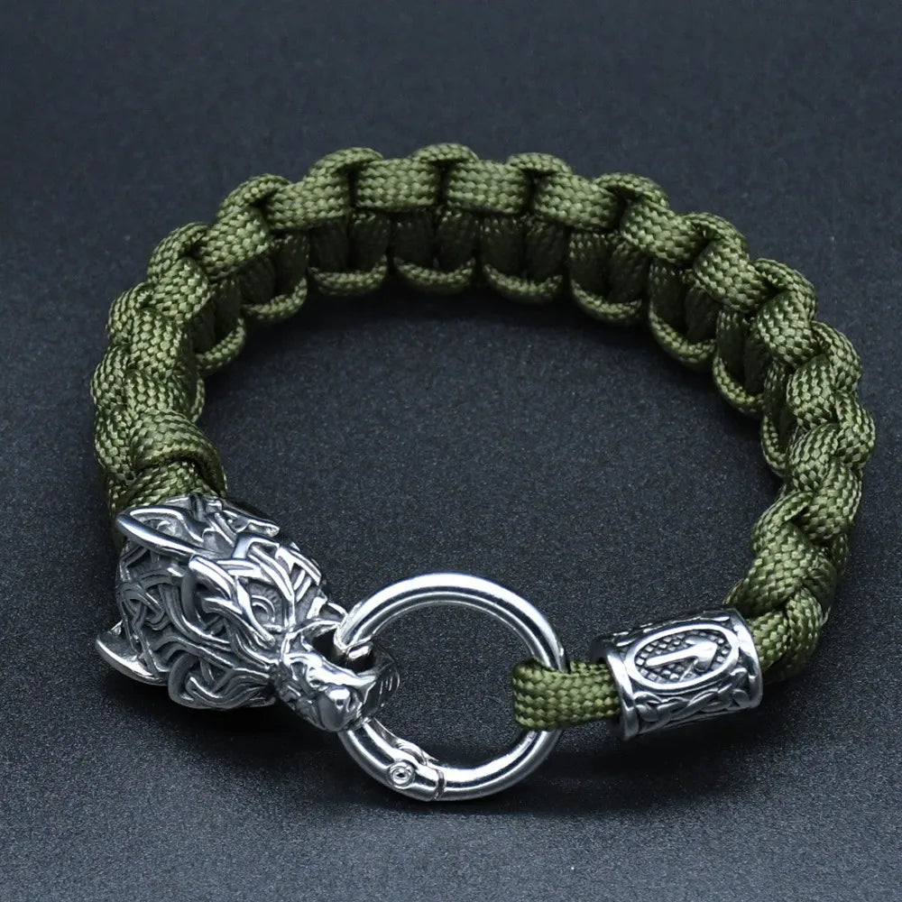 Stainless Steel Wolf Heads Bracelets Norse Vikings Runic Beads Paracord