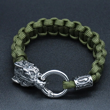 Stainless Steel Wolf Heads Bracelets Norse Vikings Runic Beads Paracord