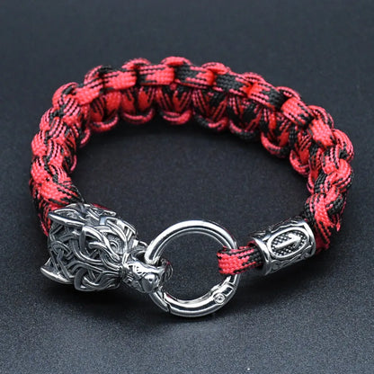 Stainless Steel Wolf Heads Bracelets Norse Vikings Runic Beads Paracord