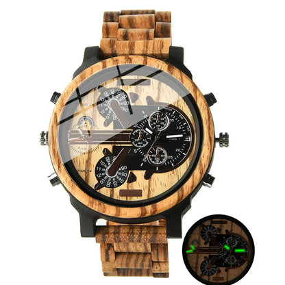 Big Face Large Wood Fashion Quartz Wristwatches Strap Dress Dual Clock Wooden Viking Watch