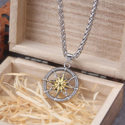 Silver Retro Fashion Twelve Point Star Round Brand Hexagram Sea Compass Viking Necklace