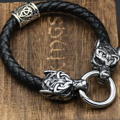 Stainless Steel Wolf Head Bracelets Viking Rune beads Leather