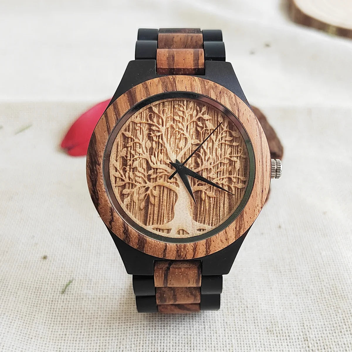 Lucky Tree Of Life Chronograph Fashion Hummingbird Dial Wood Quartz Wrist Viking Watch