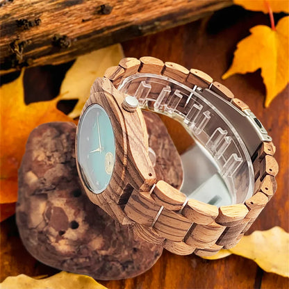 Fashion Simulated Diamond Dial Wood Bangle Timepiece Clock Women's Quartz Wristwatch Natural Wooden Bracelet Viking Watch