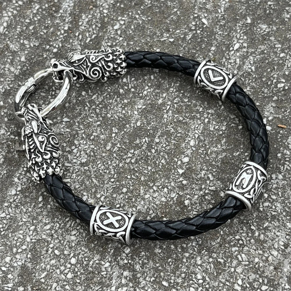 Viking Dragon Heads Nordic Runes Beads Leather Bracelet