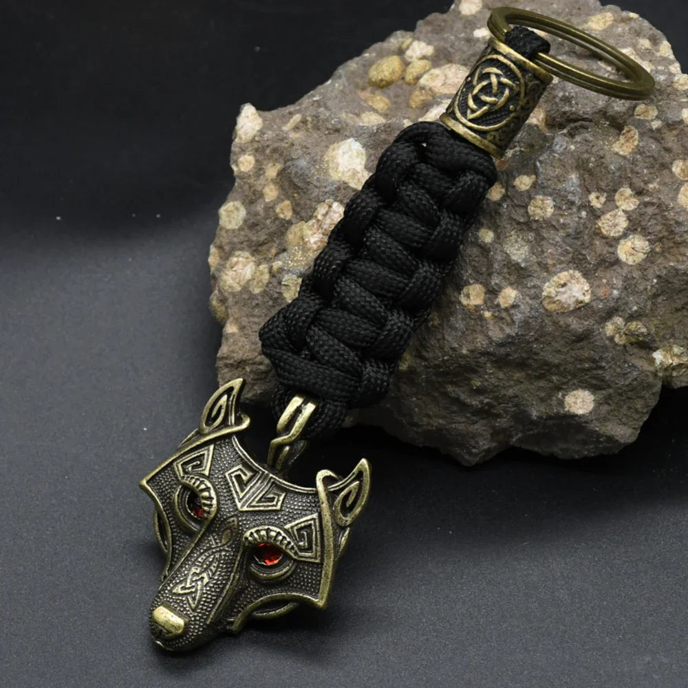 Nordic Wolf Head Keychain Rope Lanyard Vikings