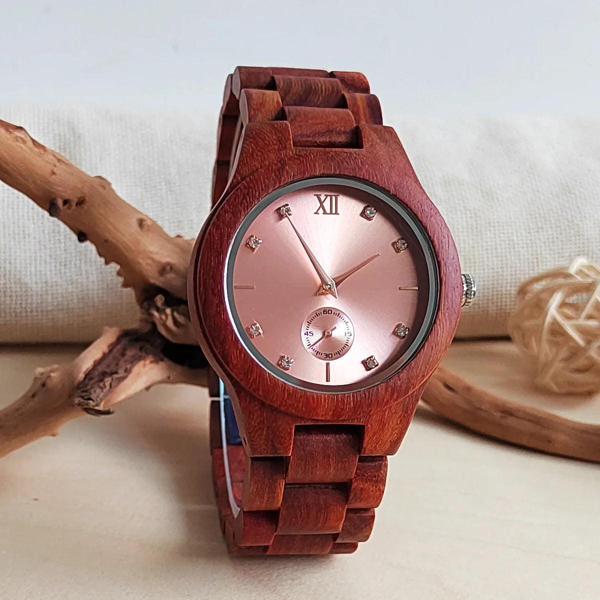 Women's Fashion Simulated Diamond Dial Stylish Simplicity Quartz Wooden Viking Watch