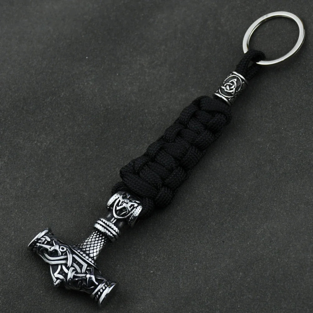 Thor's Hammer Vikings Keychain Rune Braided Lanyard Stainless Steel Valknut