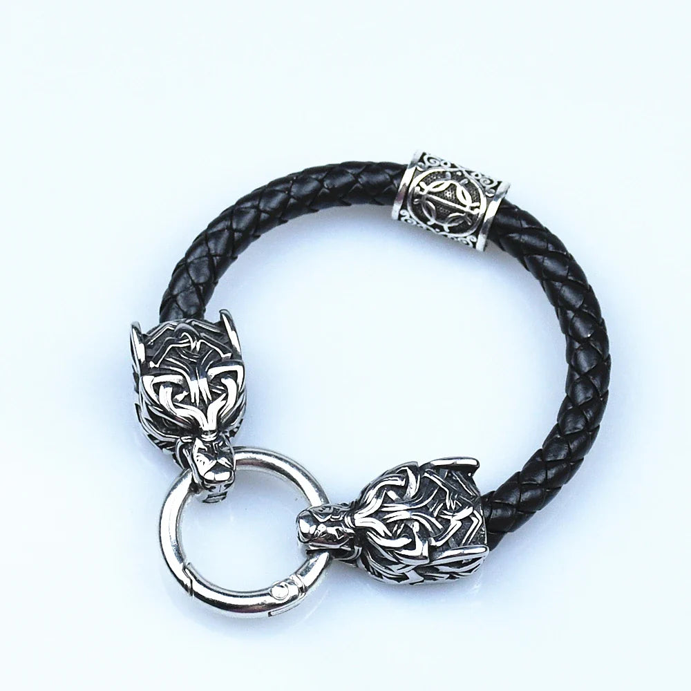 Stainless Steel Wolf Head Bracelets Viking Rune beads Leather