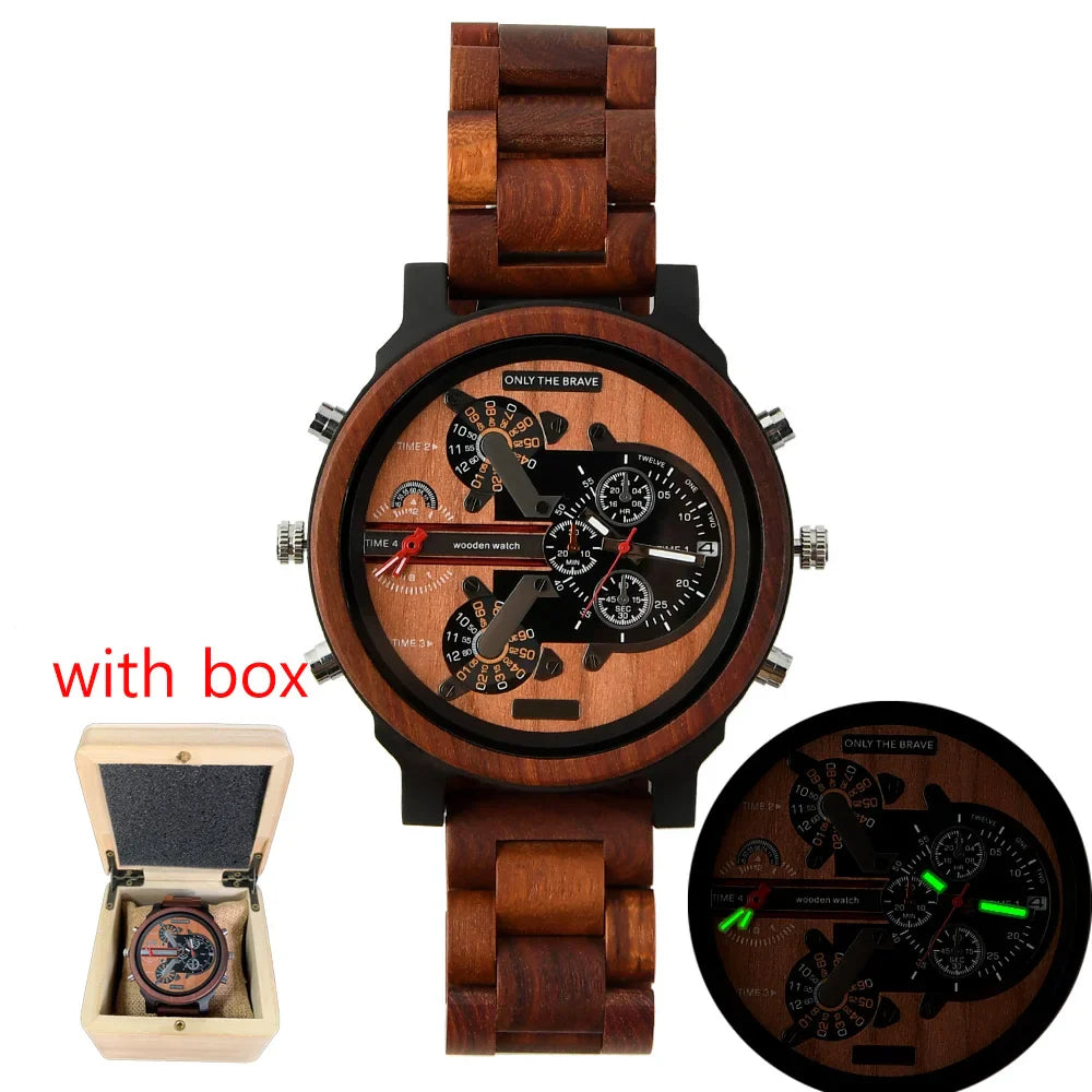 Big Face Large Wood Fashion Quartz Wristwatches Strap Dress Dual Clock Wooden Viking Watch