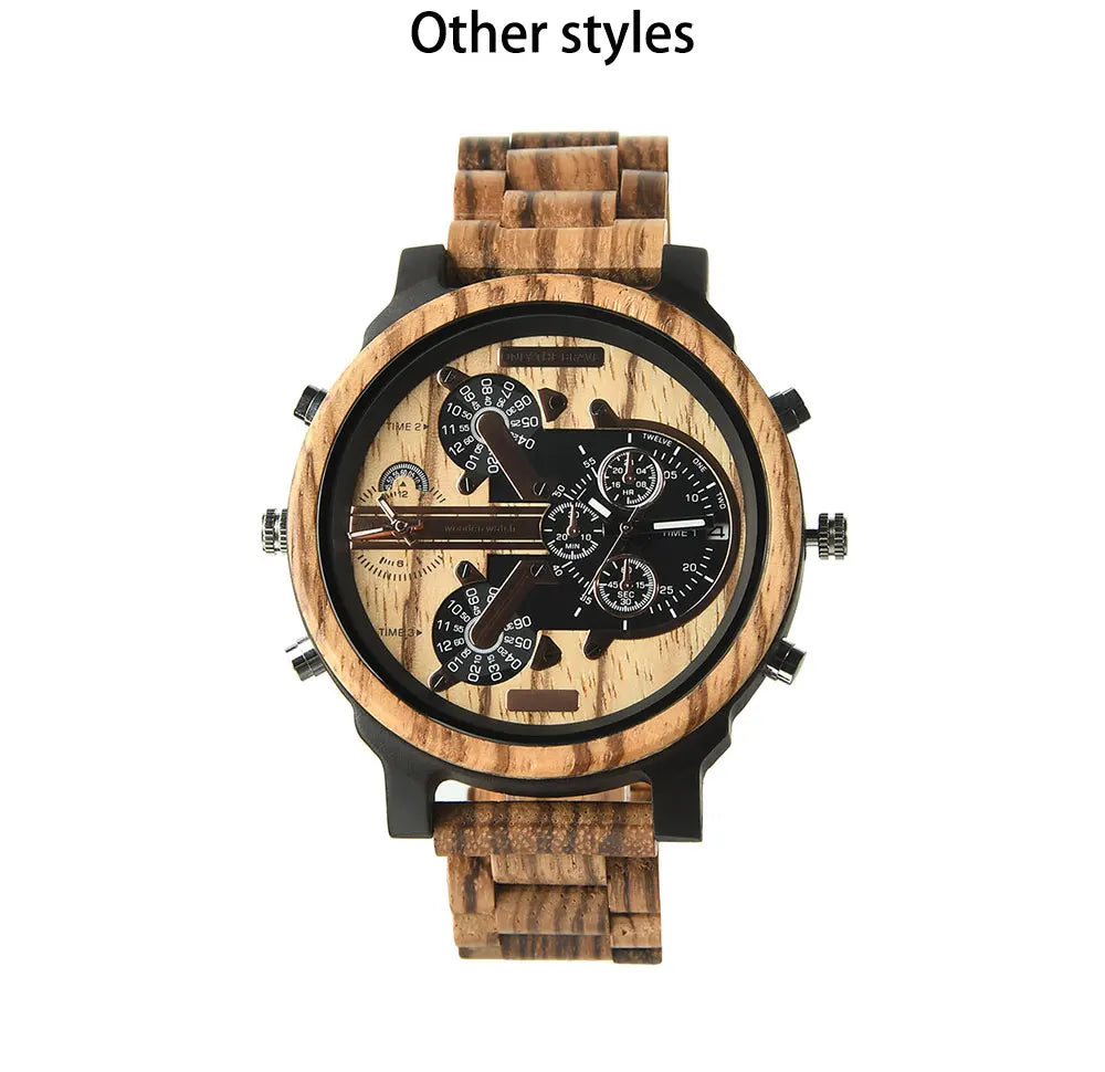 Big Face Large Wood Fashion Quartz Wristwatches Strap Dress Dual Clock Wooden Viking Watch