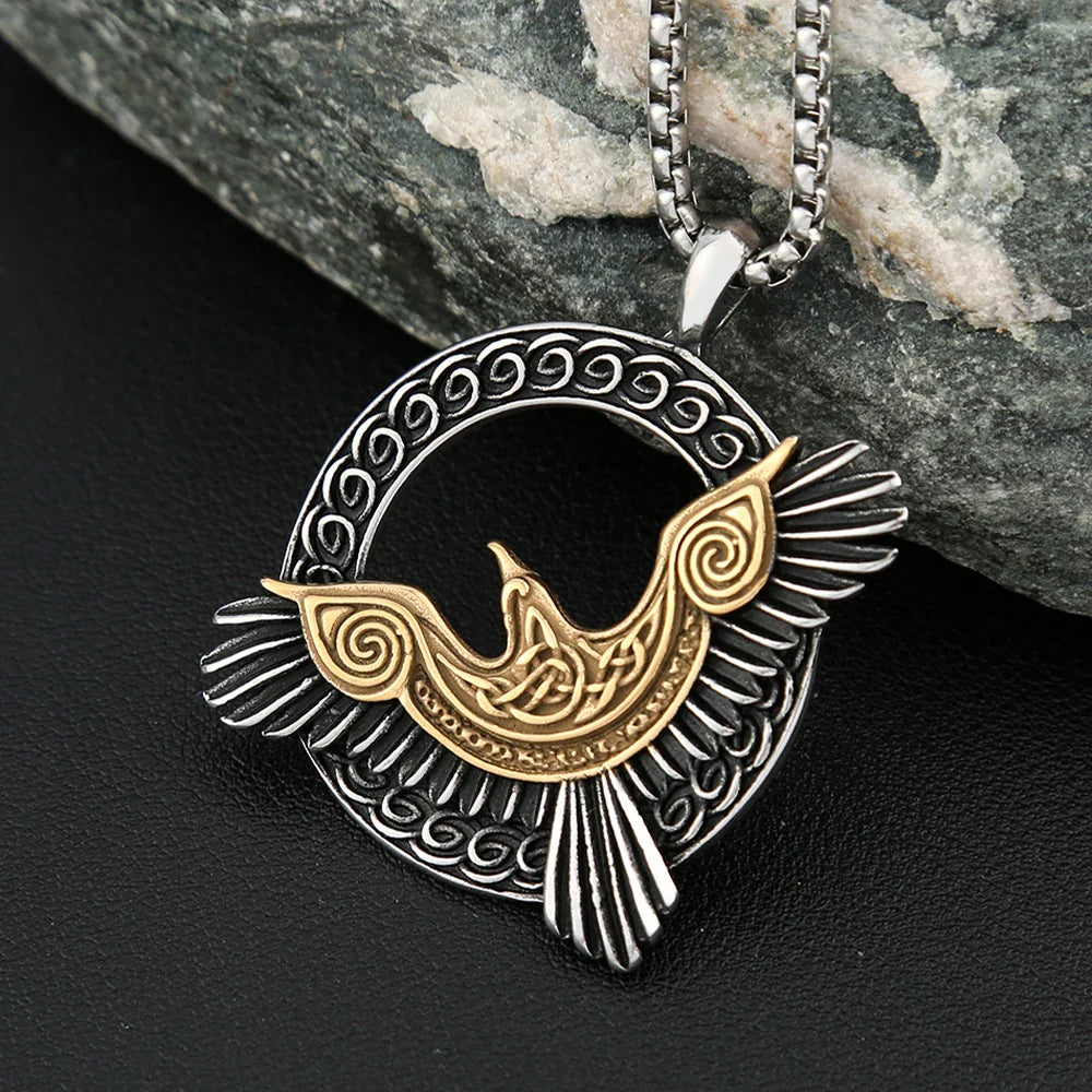 Norse Mythology Necklace Stainless Steel Viking Odin Raven Pendant