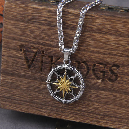 Silver Retro Fashion Twelve Point Star Round Brand Hexagram Sea Compass Viking Necklace