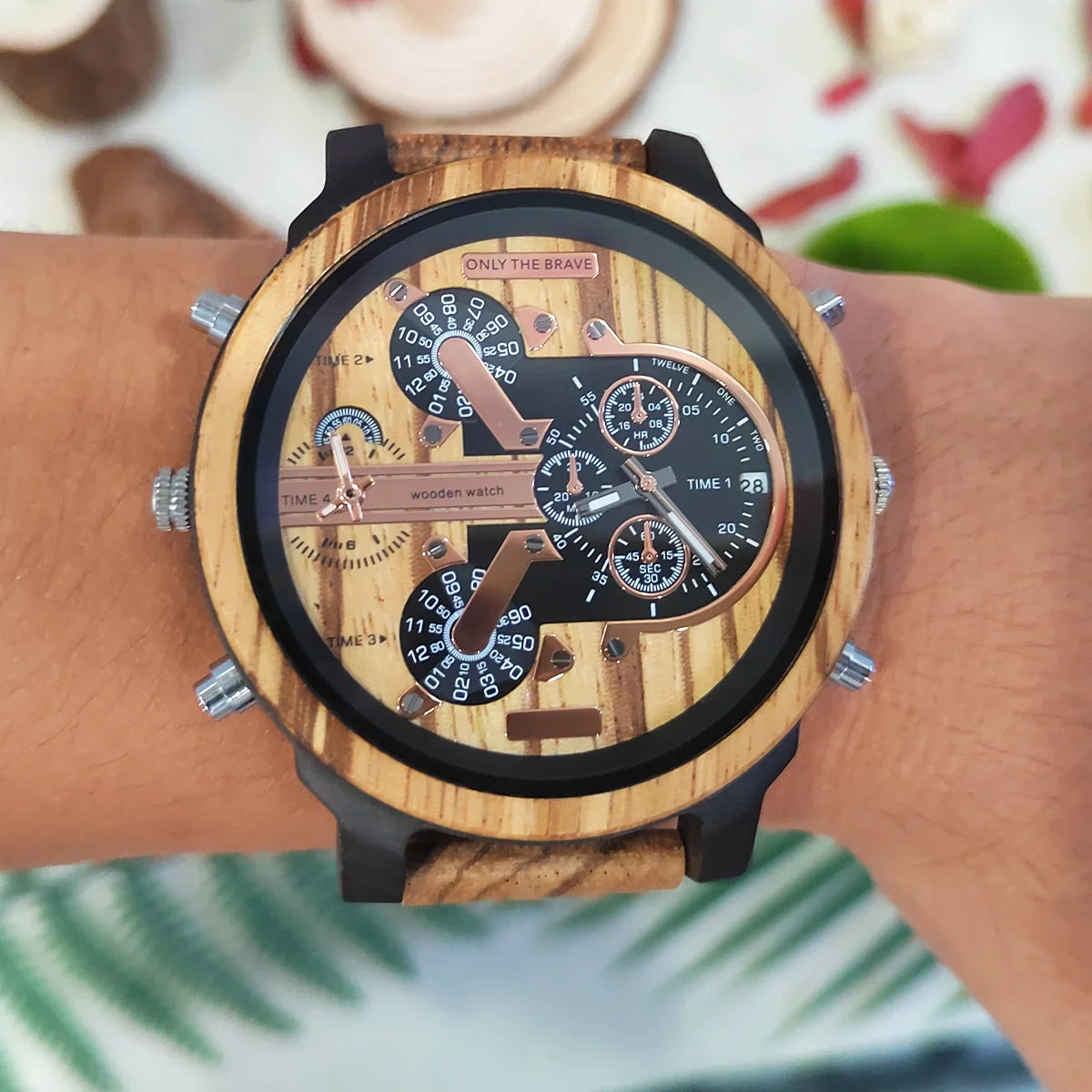 Large Dial Fashion Timepieces Chronograph Wooden Quartz Wrist Viking Watch