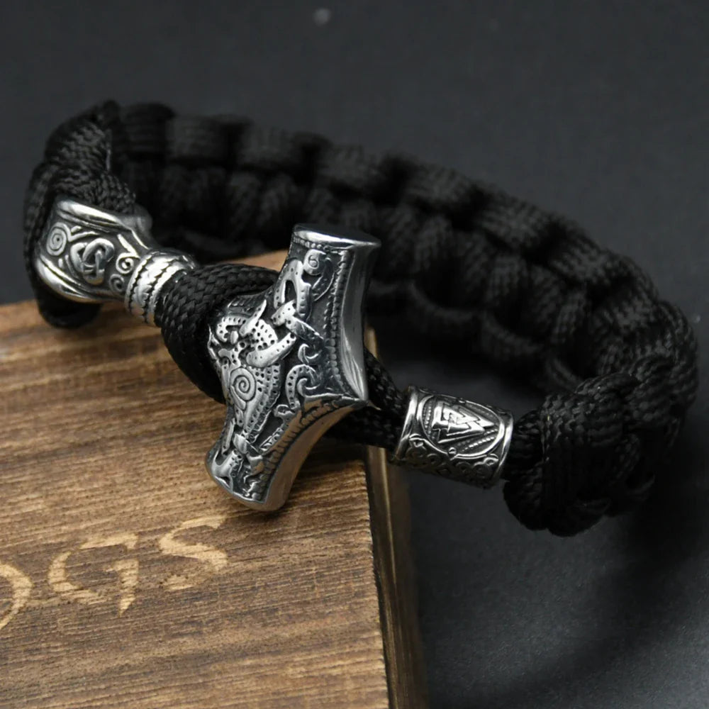 Stainless Steel Viking Thors Hammer Bracelets Paracord Nordic Mjolnir