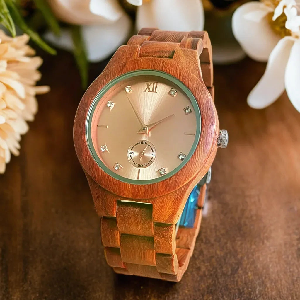 Women's Fashion Simulated Diamond Dia Clock Stylish simplicity Quartz Wooden Viking Watch