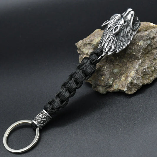 Viking Wolf Head Stainless Steel Paracord Keyring Norse