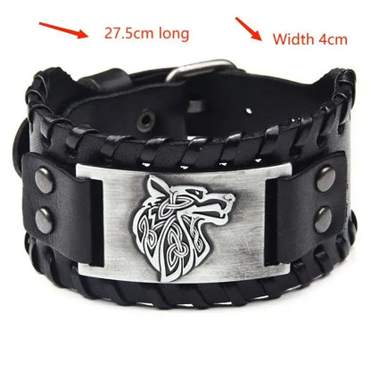 Viking Leather Braided Bracelet Celtic Wolf Head