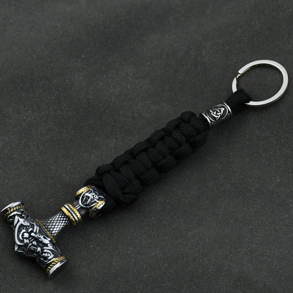 Thor's Hammer Vikings Keychain Rune Braided Lanyard Stainless Steel Valknut