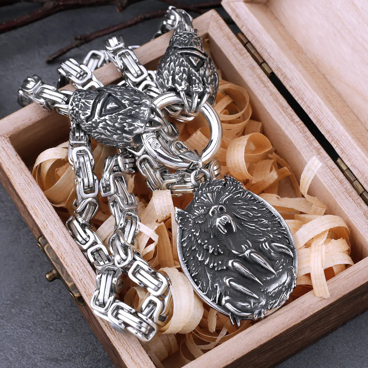 Viking Wolf Head Bear Claw Necklace