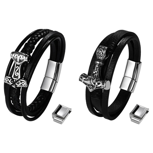 Viking Thor's Hammer Norse Leather Bracelet Mjolnir