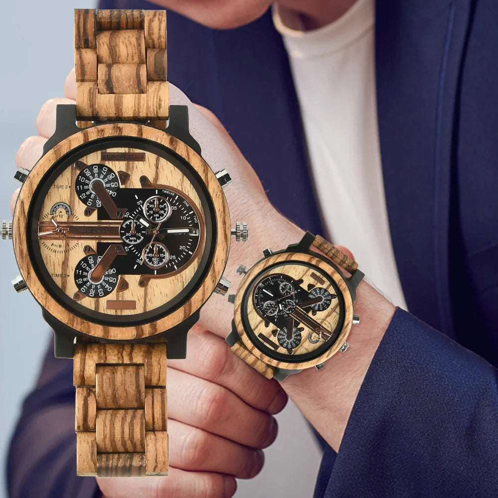 Big Face Large Wood Fashion Quartz Wristwatches Strap Dress Dual Clock Wooden Viking Watch