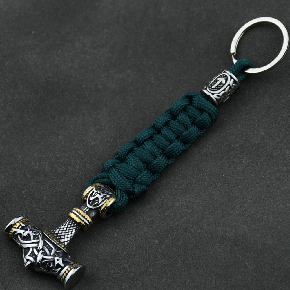 Thor's Hammer Vikings Keychain Rune Braided Lanyard Stainless Steel Valknut