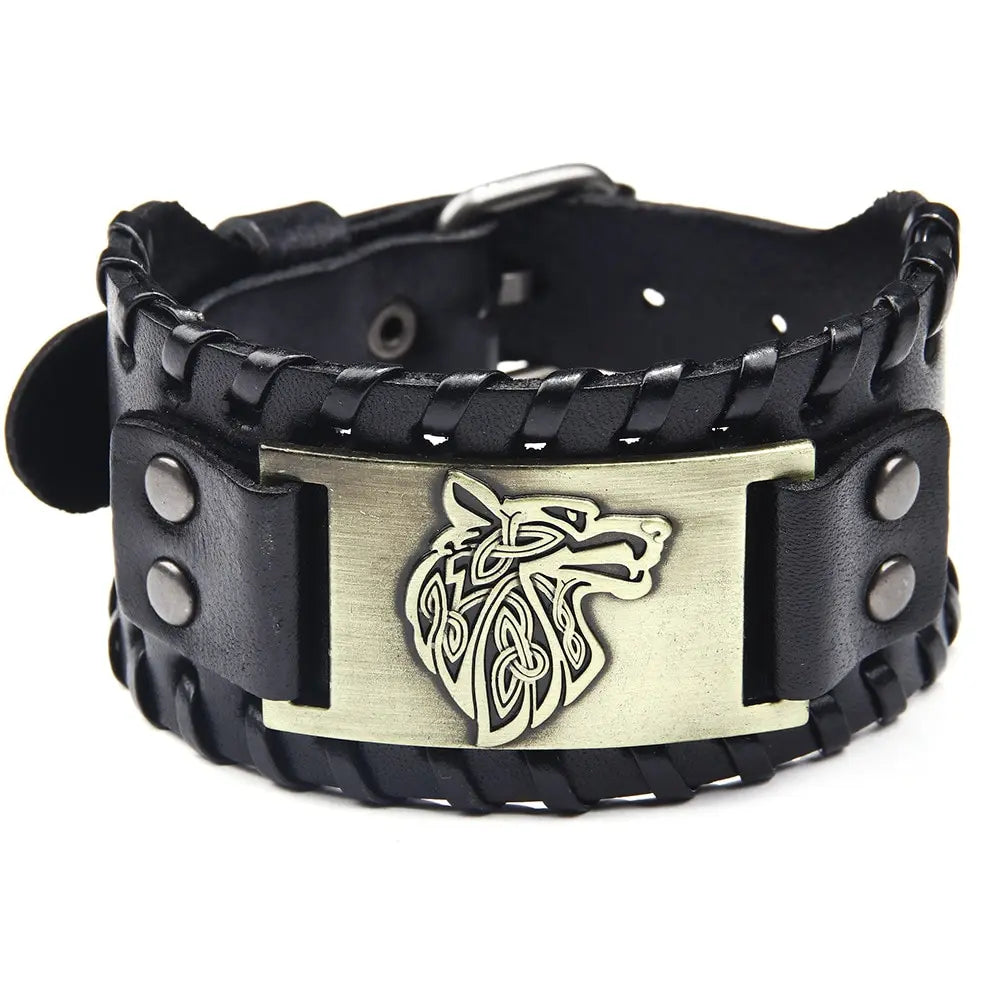 Viking Leather Braided Bracelet Celtic Wolf Head