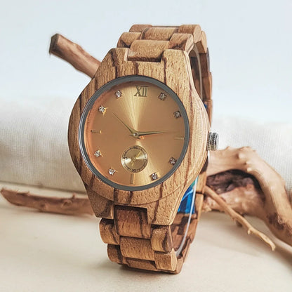 Women's Fashion Simulated Diamond Dial Stylish Simplicity Quartz Wooden Viking Watch