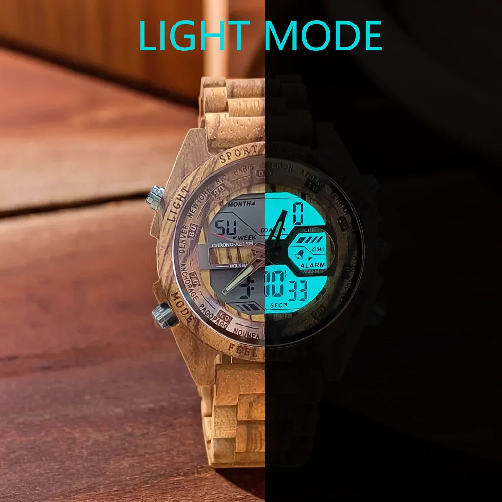 Digital Wooden Quartz LED Alarm Naturalism Sport Viking Watch