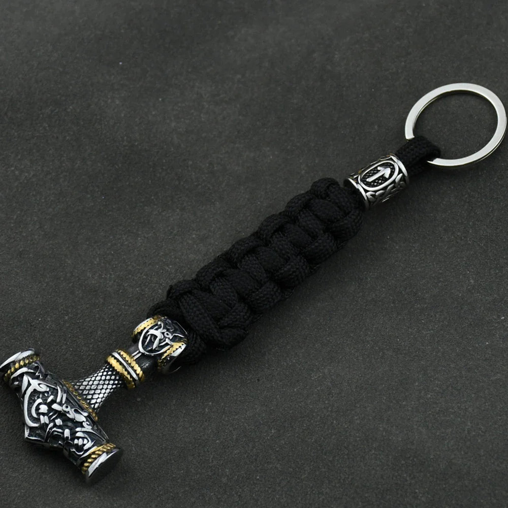 Thor's Hammer Vikings Keychain Rune Braided Lanyard Stainless Steel Valknut