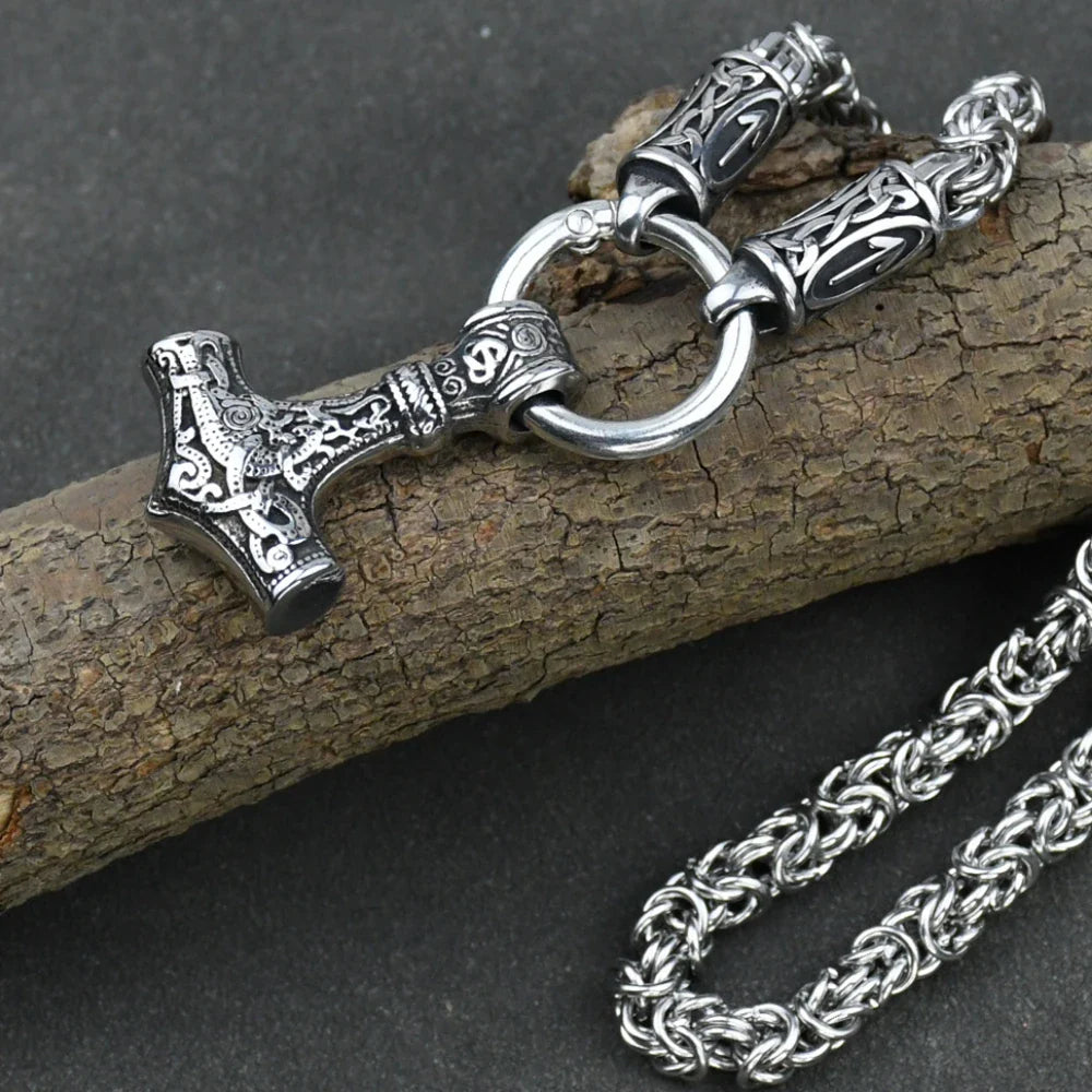 Viking amulet Jewelry Nordic viking rune with thor hammer pendant necklace  with stainless steel -king chain