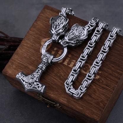 Viking Bear Claw Wolf Head Necklace Stainless Steel Thor's Hammer