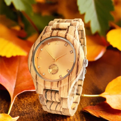 Fashion Simulated Diamond Dial Wood Bangle Timepiece Clock Women's Quartz Wristwatch Natural Wooden Bracelet Viking Watch